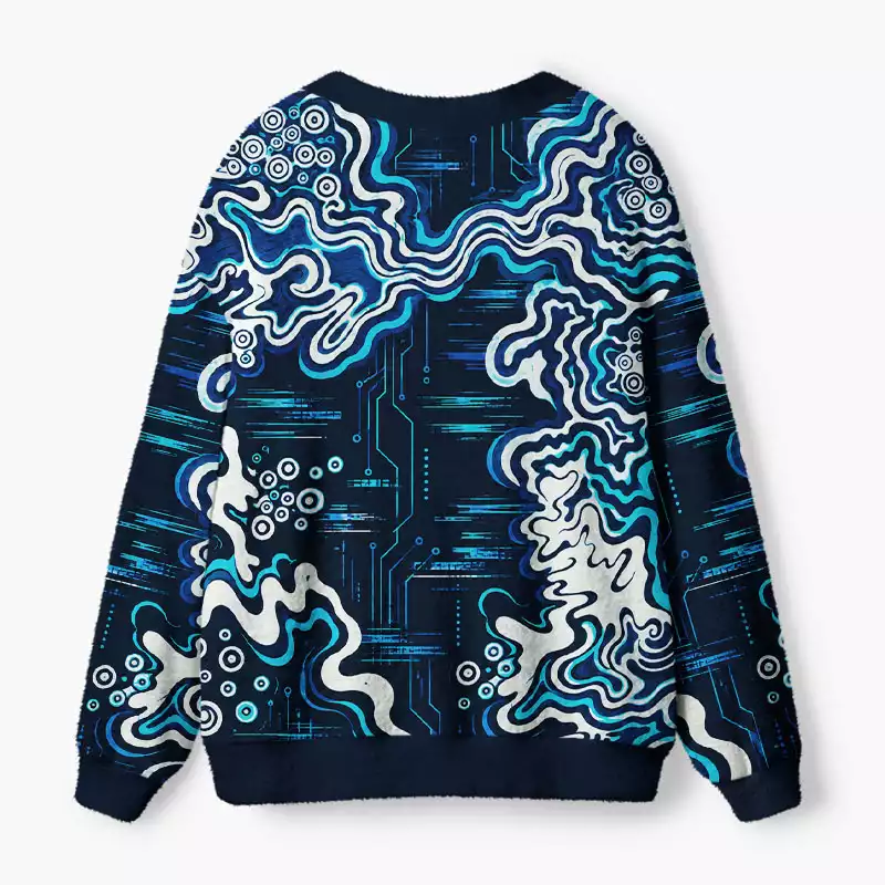 Soulisfree Midnight Cyan Contour Circuit Fuzzy Cardigan Sweater
