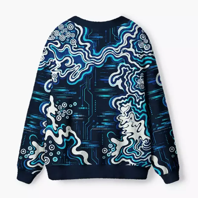 Soulisfree Midnight Cyan Contour Circuit Fuzzy Cardigan Sweater