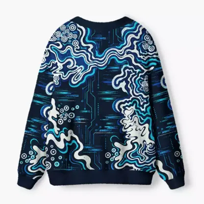 Soulisfree Midnight Cyan Contour Circuit Fuzzy Cardigan Sweater