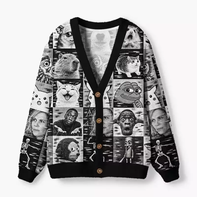 Soulisfree Monochrome Meme Grid Fuzzy Cardigan Sweater