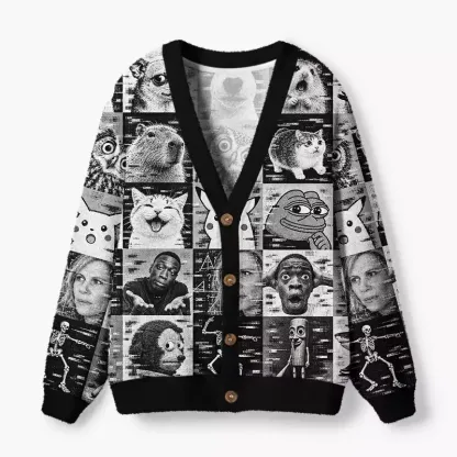 Soulisfree Monochrome Meme Grid Fuzzy Cardigan Sweater