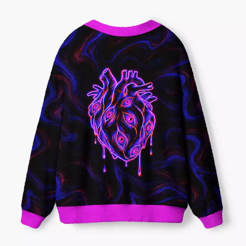Soulisfree Neon All-Seeing Heart Fuzzy Cardigan Sweater