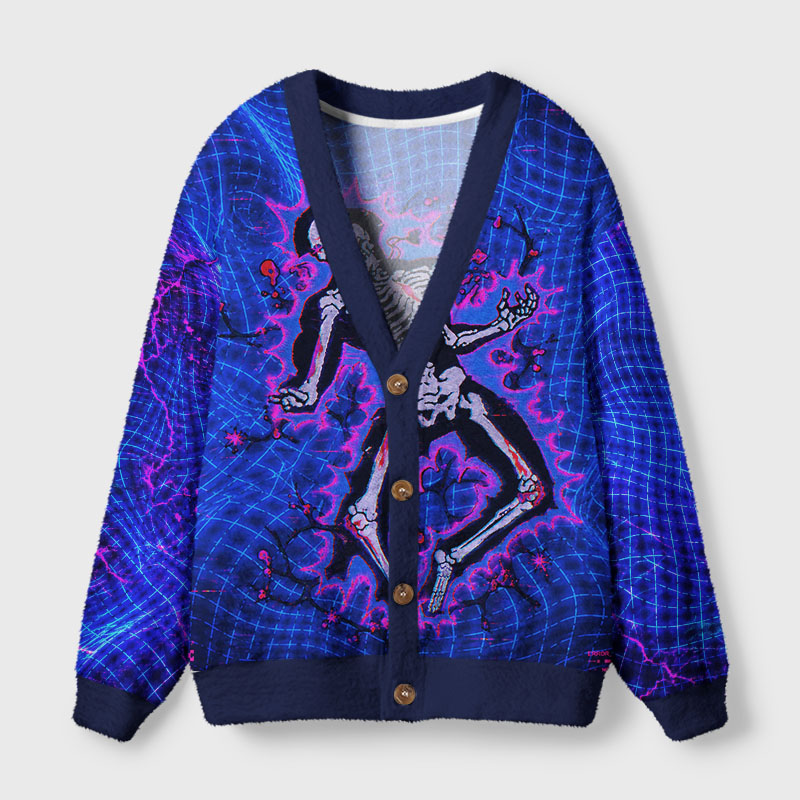 Soulisfree Neon Cyber Skeleton Fuzzy Cardigan Sweater 