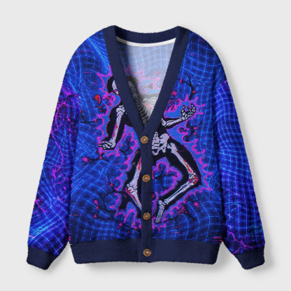 Soulisfree Neon Cyber Skeleton Fuzzy Cardigan Sweater 