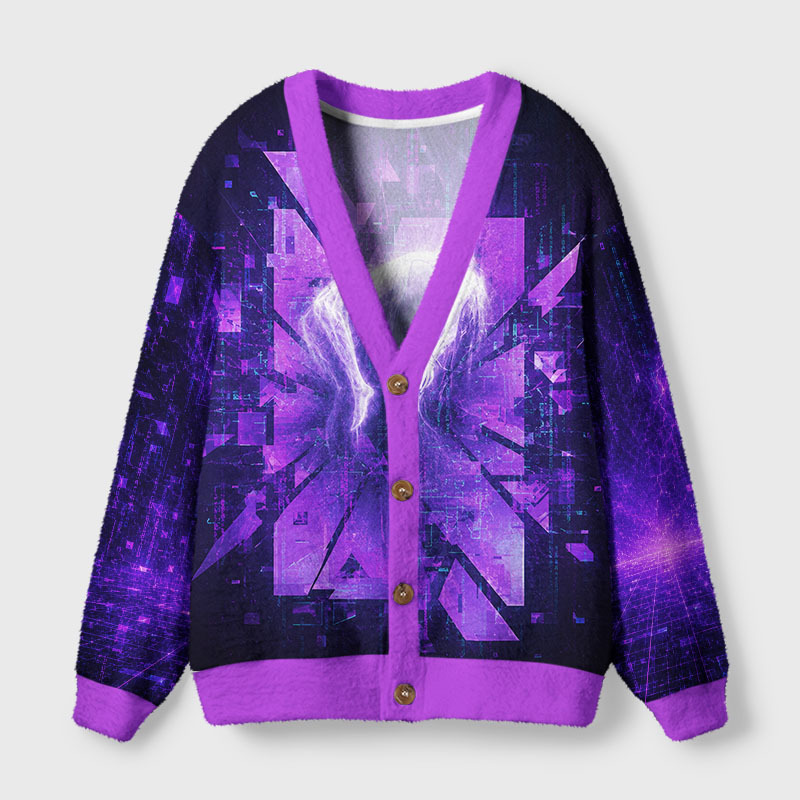 Soulisfree Neon Digital Collapse Fuzzy Cardigan Sweater