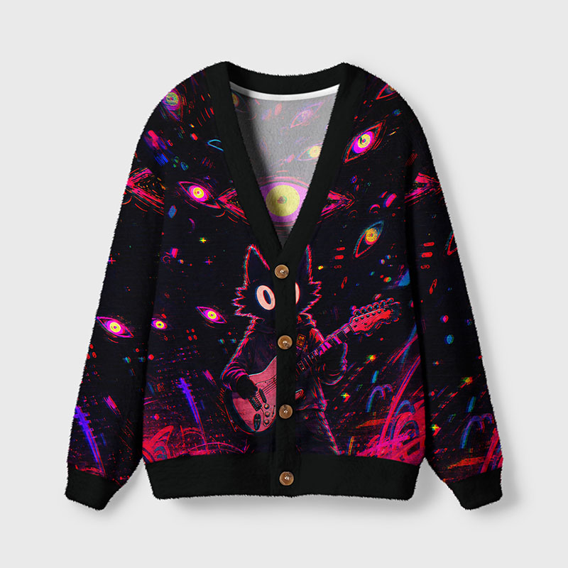 Soulisfree Neon Eye Guitarist Fuzzy Cardigan Sweater 