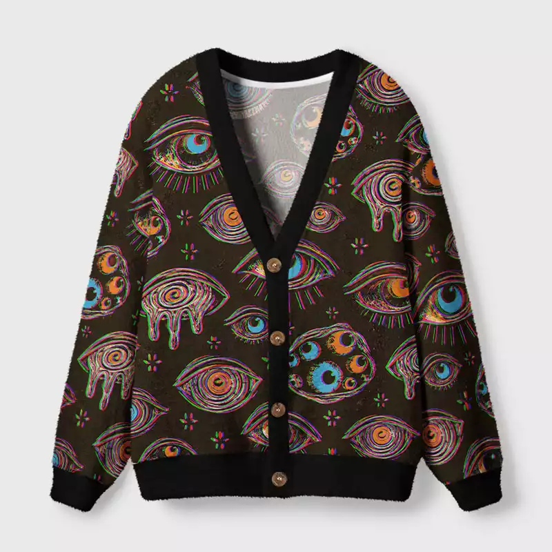 Soulisfree Neon Glitch Eyes Cardigan Fuzzy Cardigan Sweater