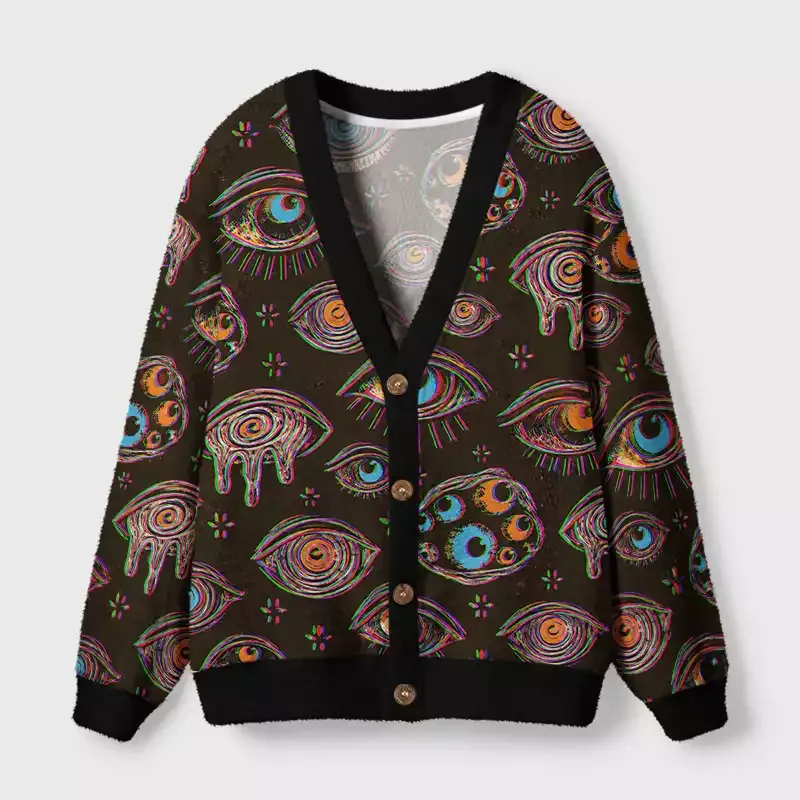 Soulisfree Neon Glitch Eyes Cardigan Fuzzy Cardigan Sweater