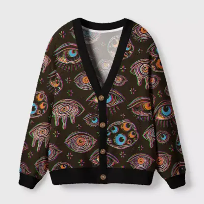 Soulisfree Neon Glitch Eyes Cardigan Fuzzy Cardigan Sweater