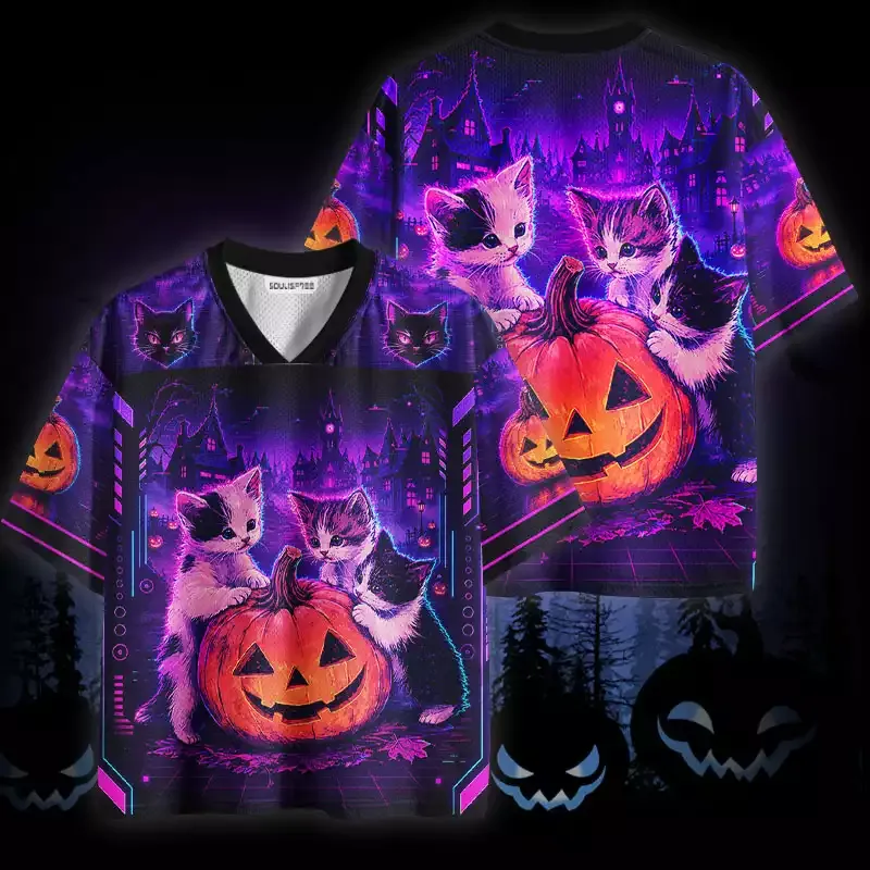 Soulisfree Neon Halloween Kittens Mesh Jersey