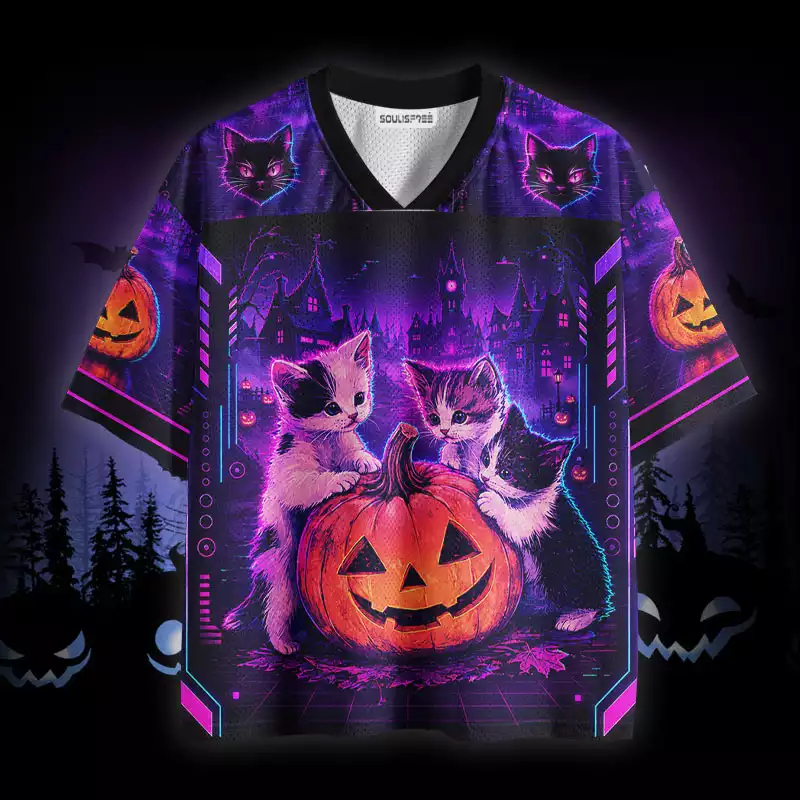 Soulisfree Neon Halloween Kittens Mesh Jersey