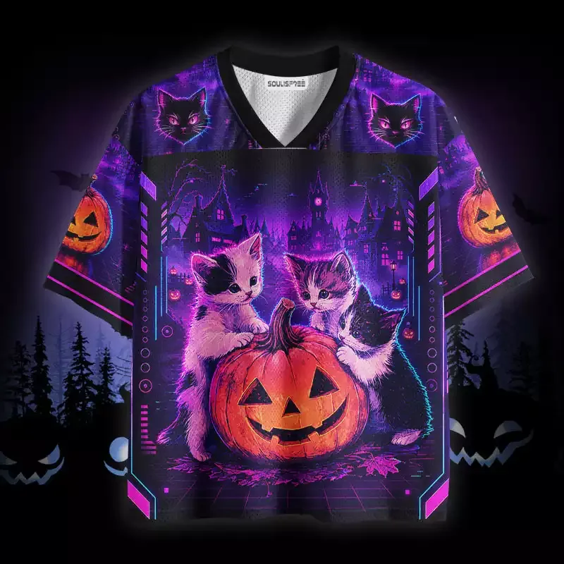 Soulisfree Neon Halloween Kittens Mesh Jersey