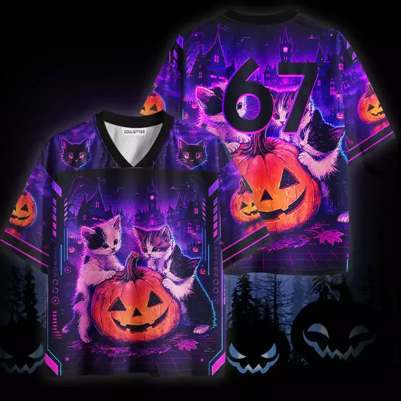 Soulisfree Neon Halloween Kittens Mesh Jersey