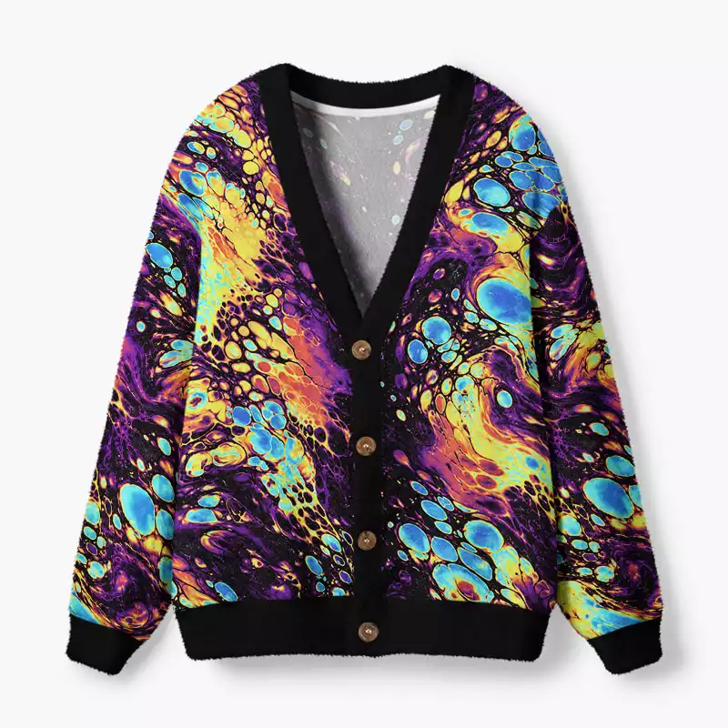 Soulisfree Neon Liquid Marble Fuzzy Cardigan Sweater