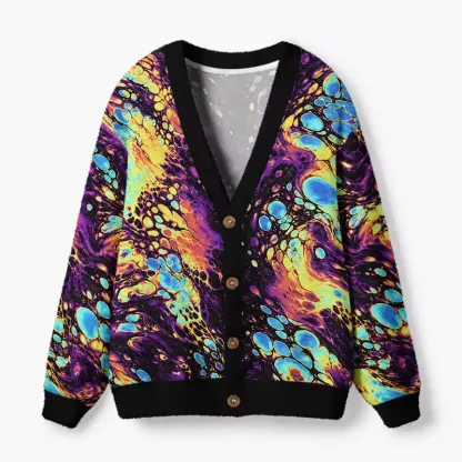 Soulisfree Neon Liquid Marble Fuzzy Cardigan Sweater