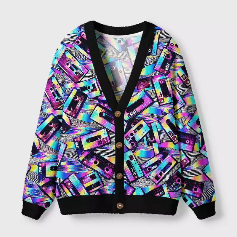 Soulisfree Neon Mixtape Glitch Fuzzy Cardigan Sweater