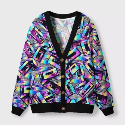 Soulisfree Neon Mixtape Glitch Fuzzy Cardigan Sweater