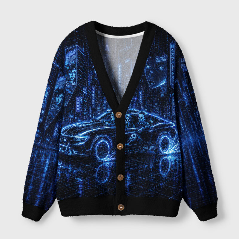 Soulisfree Neon Night Terror City Cardigan Fuzzy Cardigan Sweater 