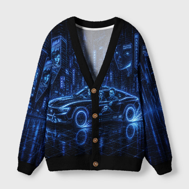 Soulisfree Neon Night Terror City Cardigan Fuzzy Cardigan Sweater