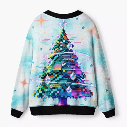 Soulisfree Neon Pixel Christmas Tree Fuzzy Cardigan Sweater