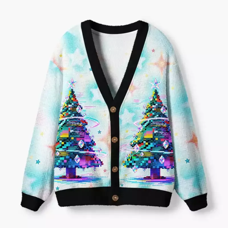Soulisfree Neon Pixel Christmas Tree Fuzzy Cardigan Sweater