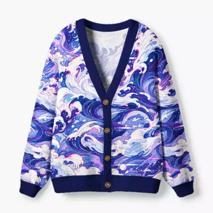 Soulisfree Ocean Waves Fuzzy Cardigan Sweater