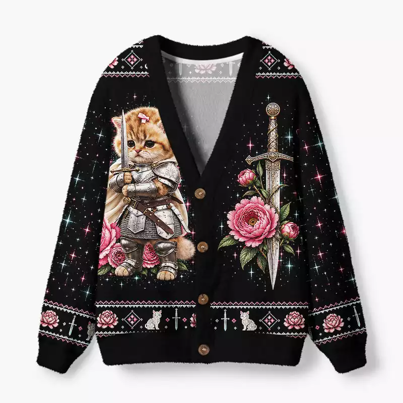 Soulisfree Peony Knight Kitten Fuzzy Cardigan Sweater