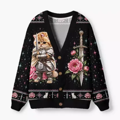 Soulisfree Peony Knight Kitten Fuzzy Cardigan Sweater