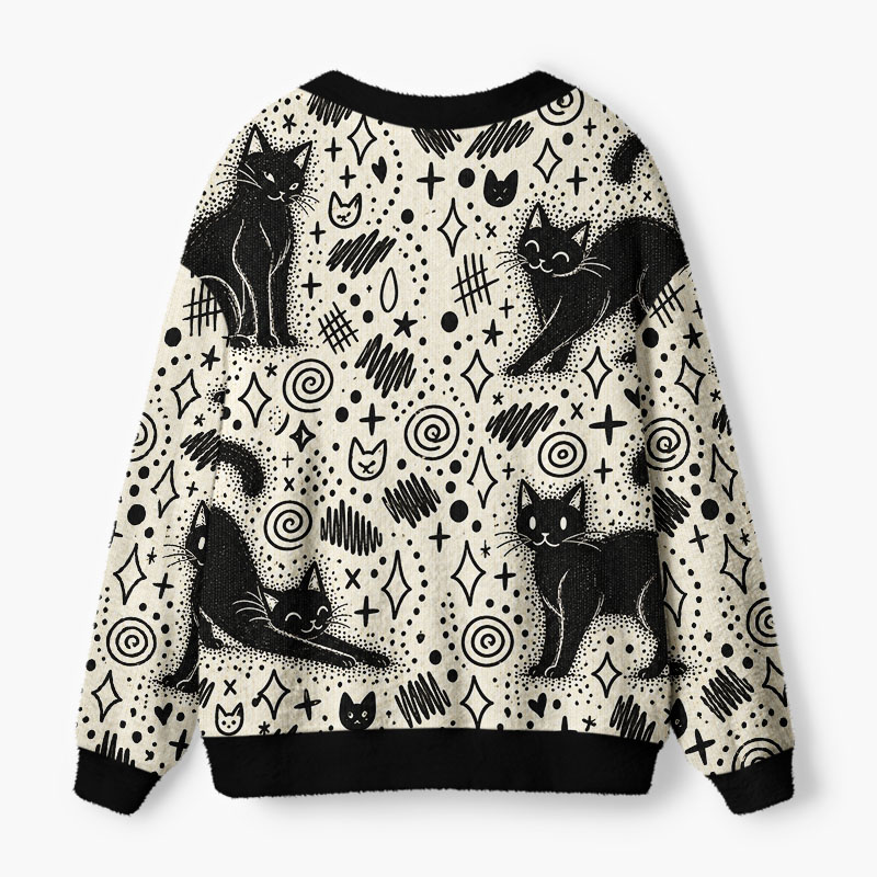 Soulisfree Playful Black Cat Fuzzy Cardigan Sweater