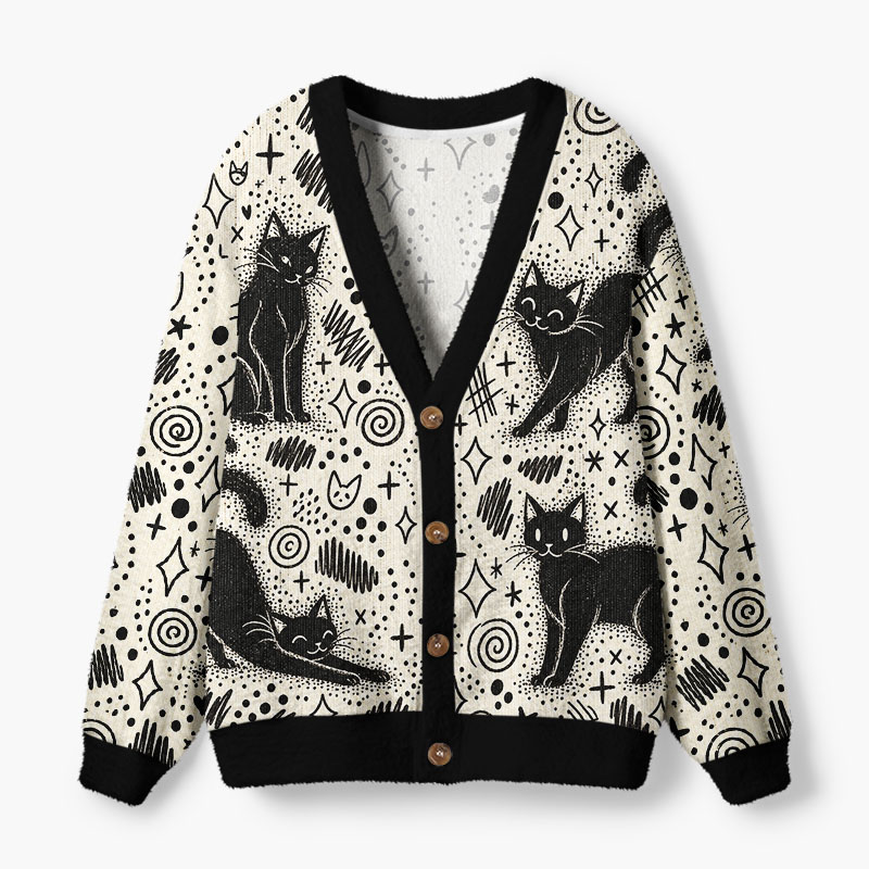 Soulisfree Playful Black Cat Fuzzy Cardigan Sweater