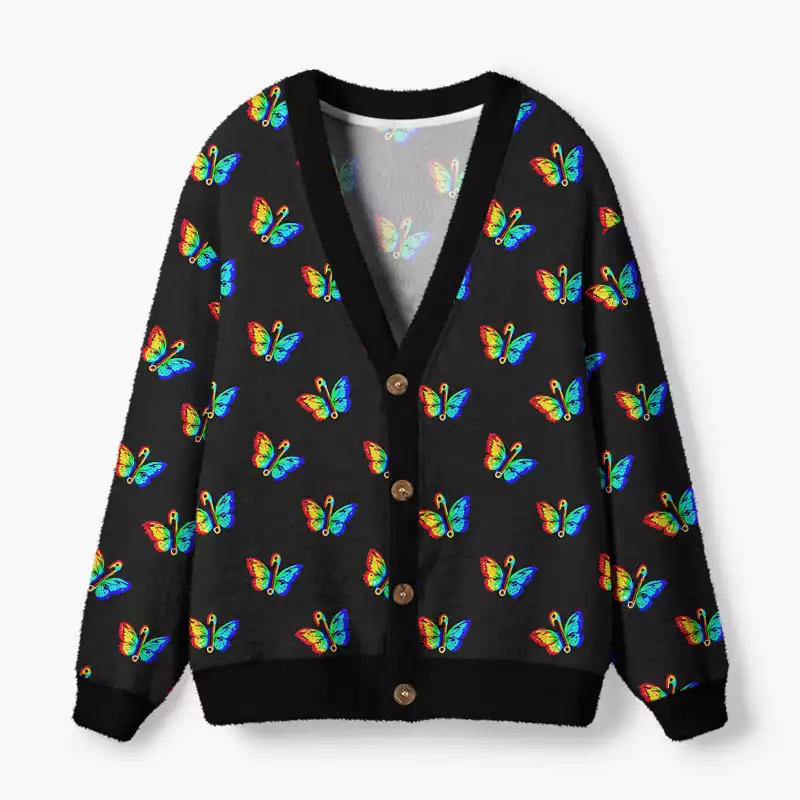 Soulisfree Rainbow Butterfly Fuzzy Cardigan Sweater