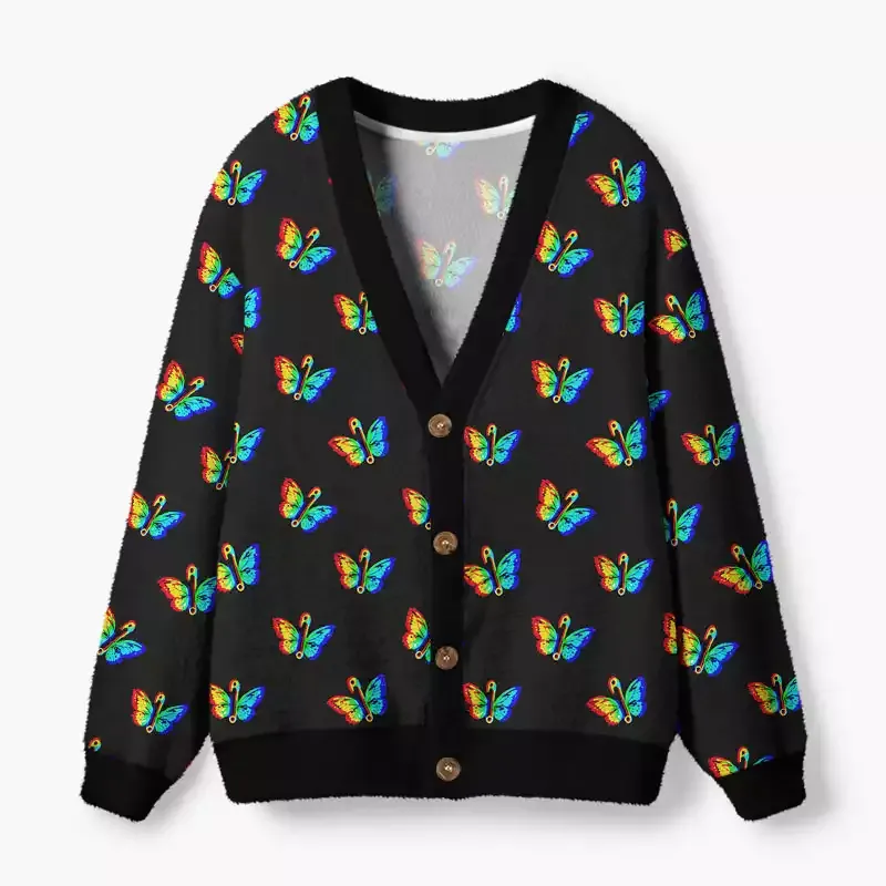 Soulisfree Rainbow Butterfly Fuzzy Cardigan Sweater