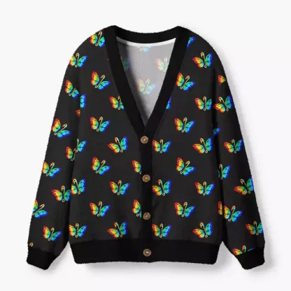 Soulisfree Rainbow Butterfly Fuzzy Cardigan Sweater