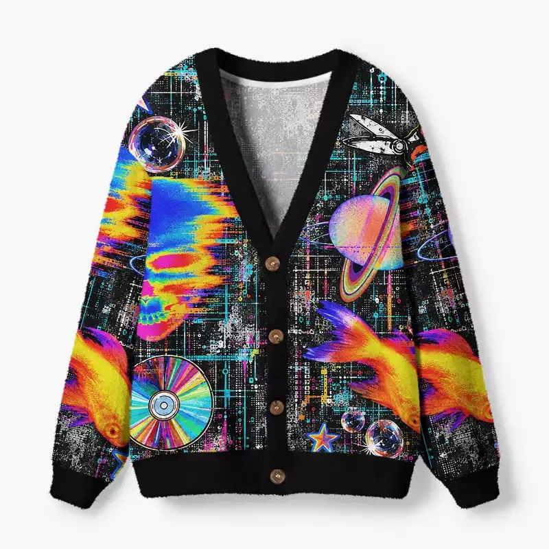 Soulisfree Rainbow glitch skull Fuzzy Cardigan Sweater