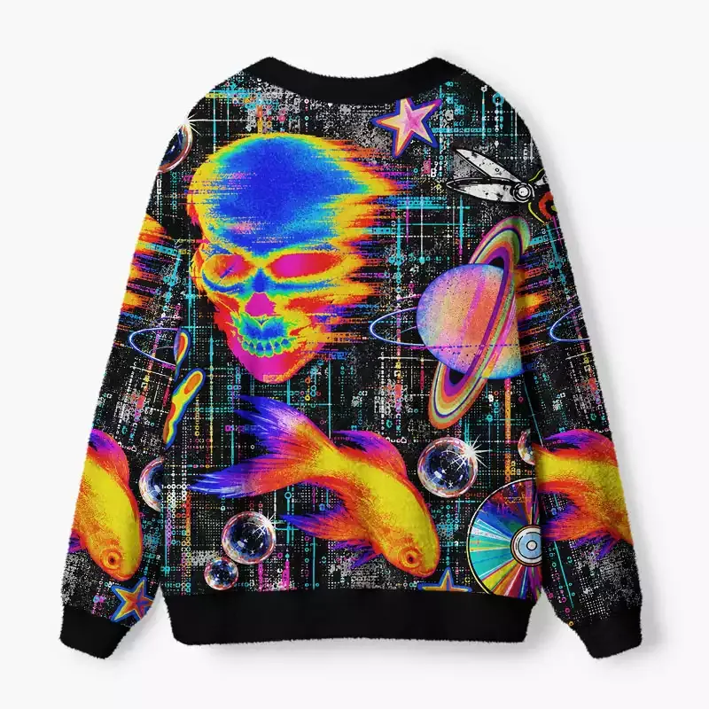 Soulisfree Rainbow glitch skull Fuzzy Cardigan Sweater