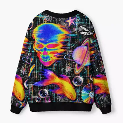 Soulisfree Rainbow glitch skull Fuzzy Cardigan Sweater