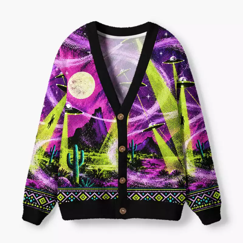 Soulisfree Retro UFO Desert Fuzzy Cardigan Sweater