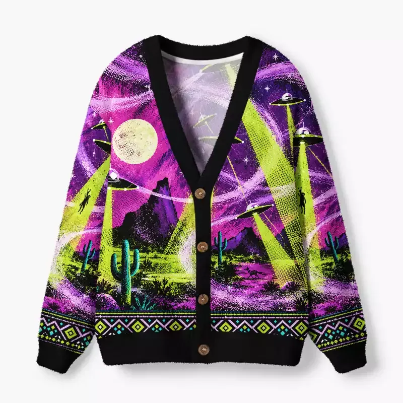 Soulisfree Retro UFO Desert Fuzzy Cardigan Sweater
