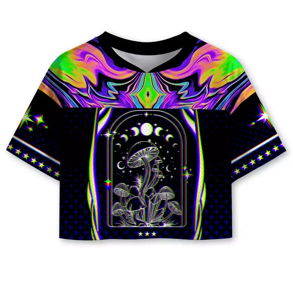 Designed Soulisfree Mushroom of Rainbow Optic Lines Illusion Cropped Mesh Jersey