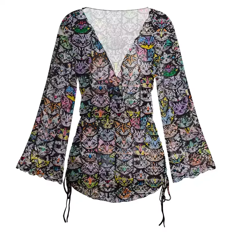 Soulisfree Rainbow Cat Crowd Sheer Mesh Cover Up