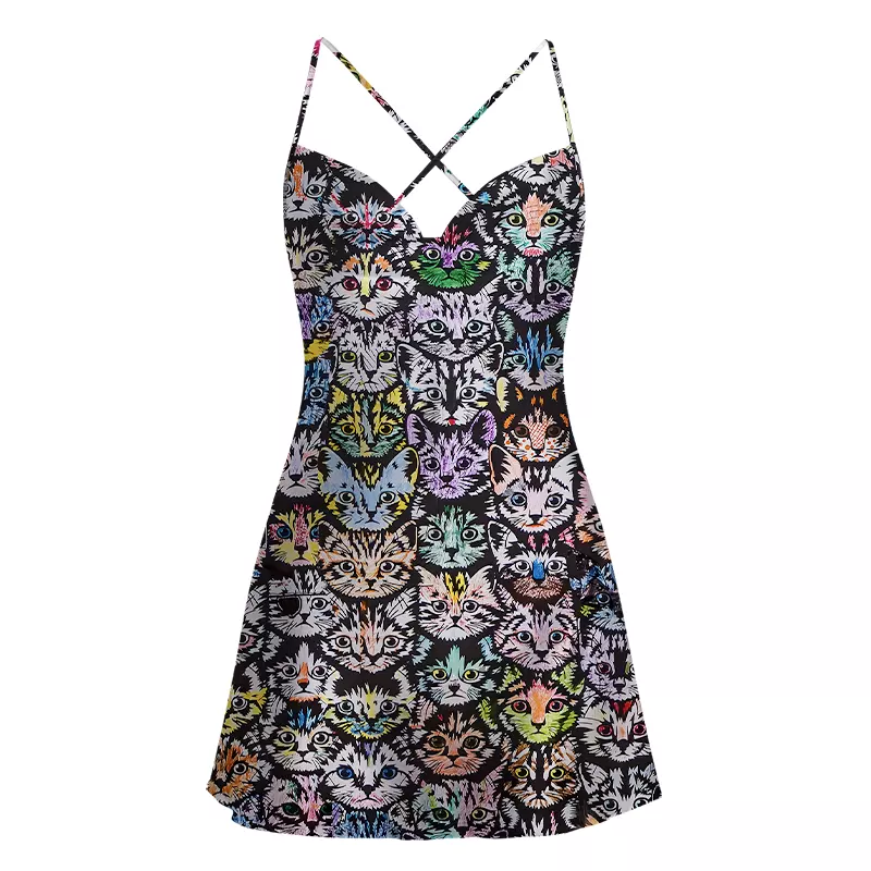 Soulisfree Rainbow Cat Crowd Satin Mini Dress