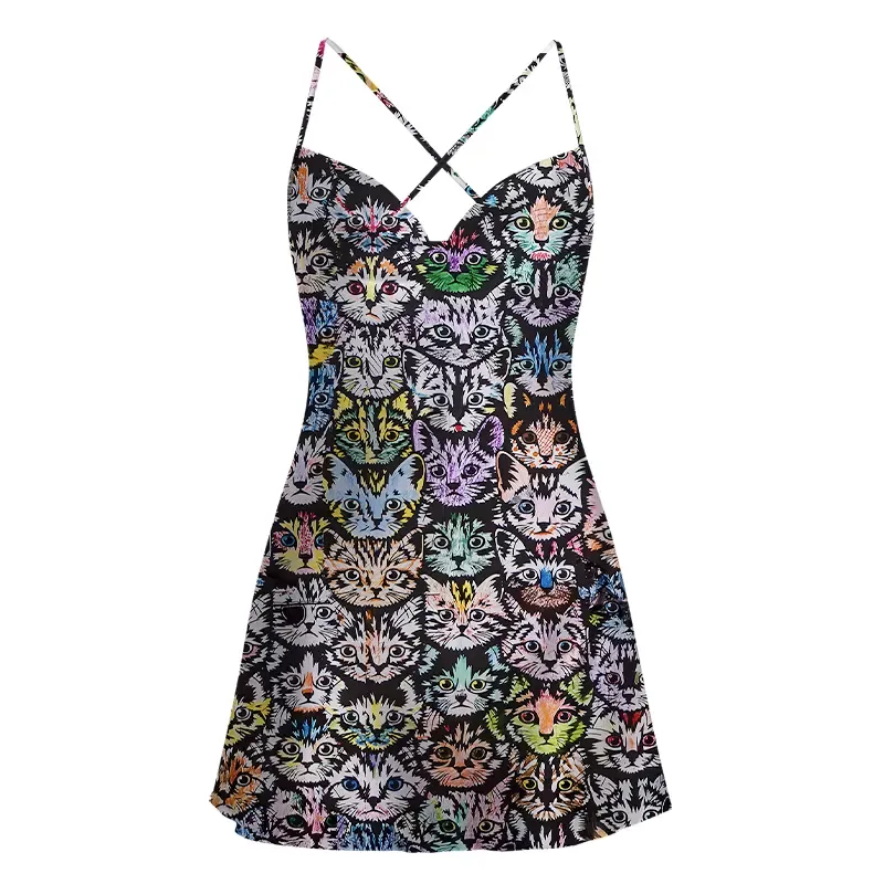 Soulisfree Rainbow Cat Crowd Satin Mini Dress