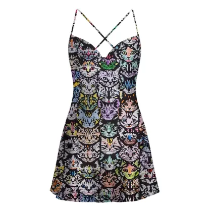 Soulisfree Rainbow Cat Crowd Satin Mini Dress