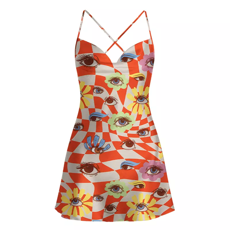 Soulisfree Checkered Ocular Bloom Satin Mini Dress