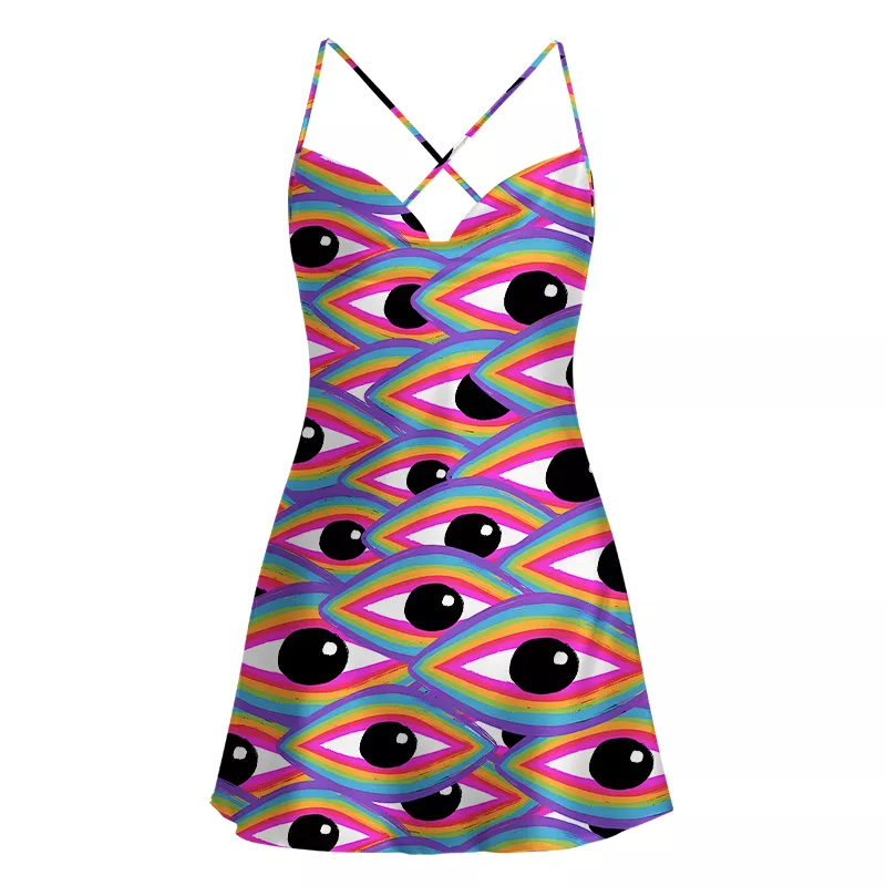 Soulisfree Rainbow Ocular Wave Satin Mini Dress
