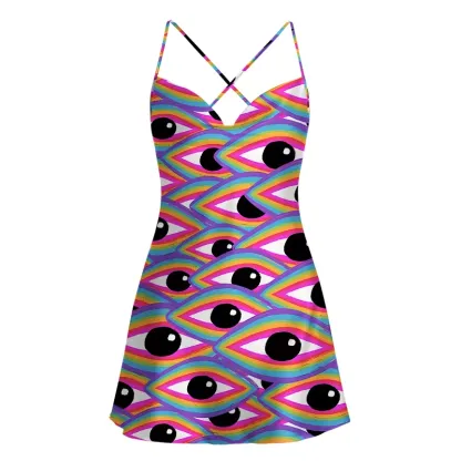 Soulisfree Rainbow Ocular Wave Satin Mini Dress
