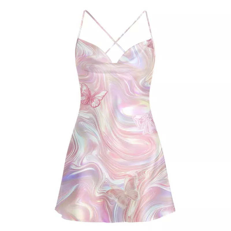 Soulisfree Marble Wings Slip Satin Mini Dress