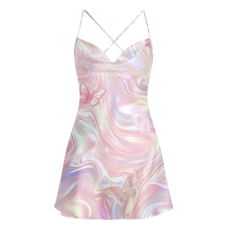 Soulisfree Marble Wings Slip Satin Mini Dress
