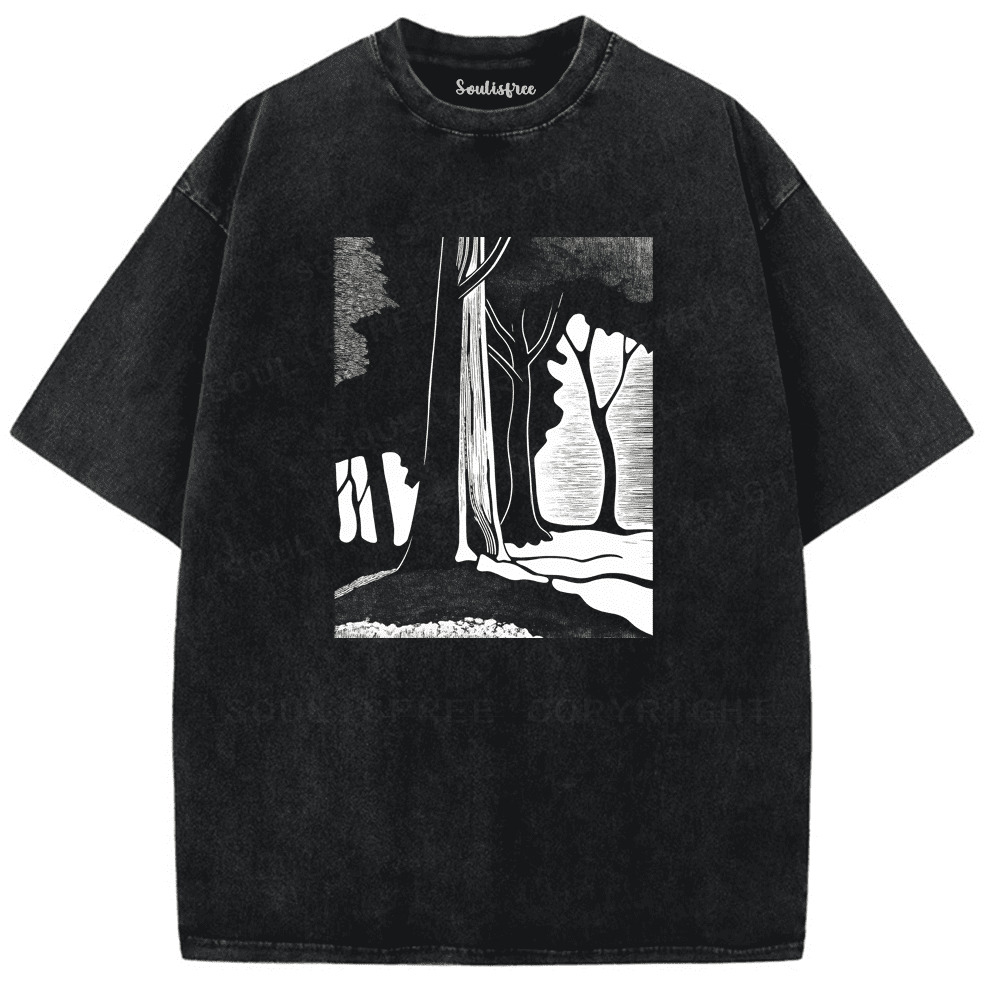 Soulisfree Black and White Woodland Harmony Artistic Washed Tee