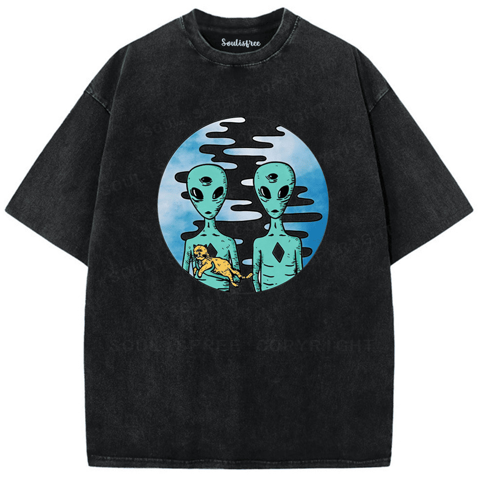 Soulisfree Alien Visit Intergalactic Cat Lover Washed Tee